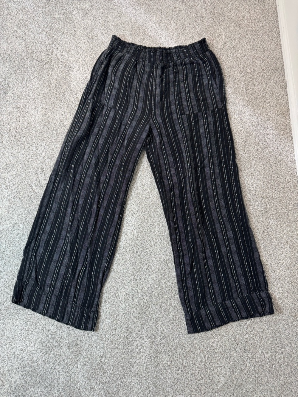 Linen Blend Boho Palazzo Pants Wide Leg Striped Flowy Trousers M (8-10) Black - Picture 2 of 12